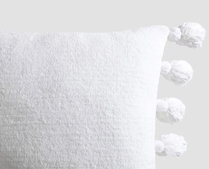 Solid Sahara Tan, Off White, Navy and Black 20x20 Inches Pom Pom Throw Pillow - The Rug Decor