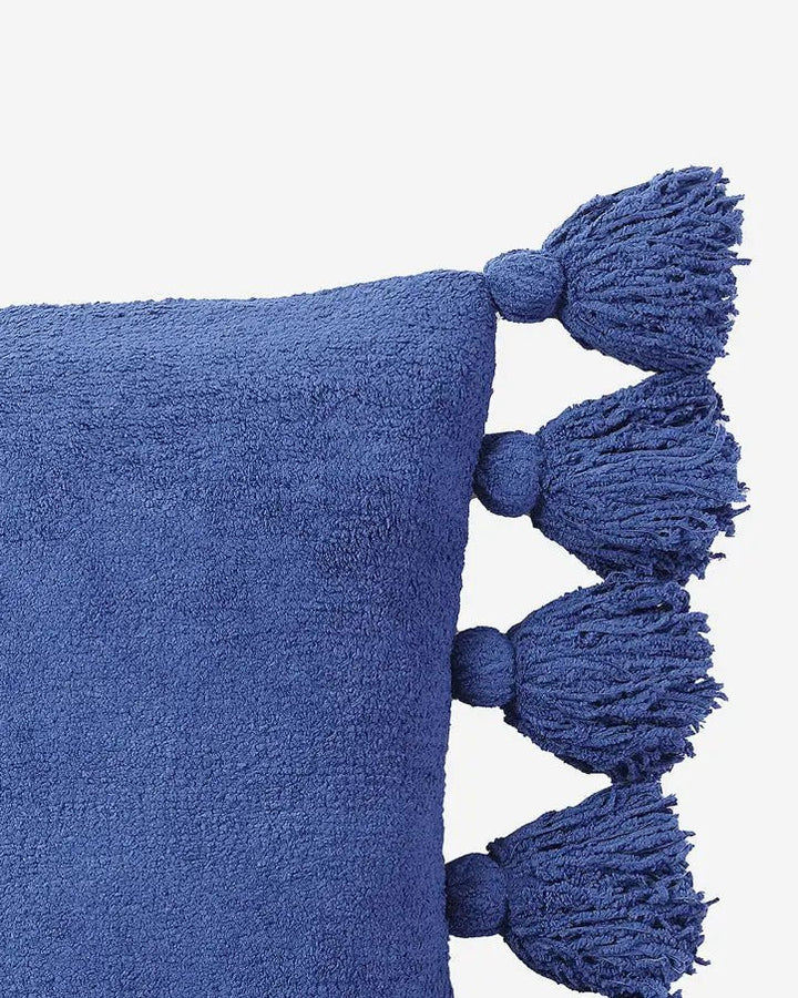 Solid Sahara Tan, Off White, Navy and Black 20x20 Inches Pom Pom Throw Pillow - The Rug Decor