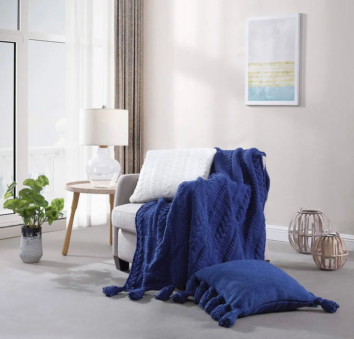 Solid Sahara Tan, Off White, Navy and Black 20x20 Inches Pom Pom Throw Pillow - The Rug Decor