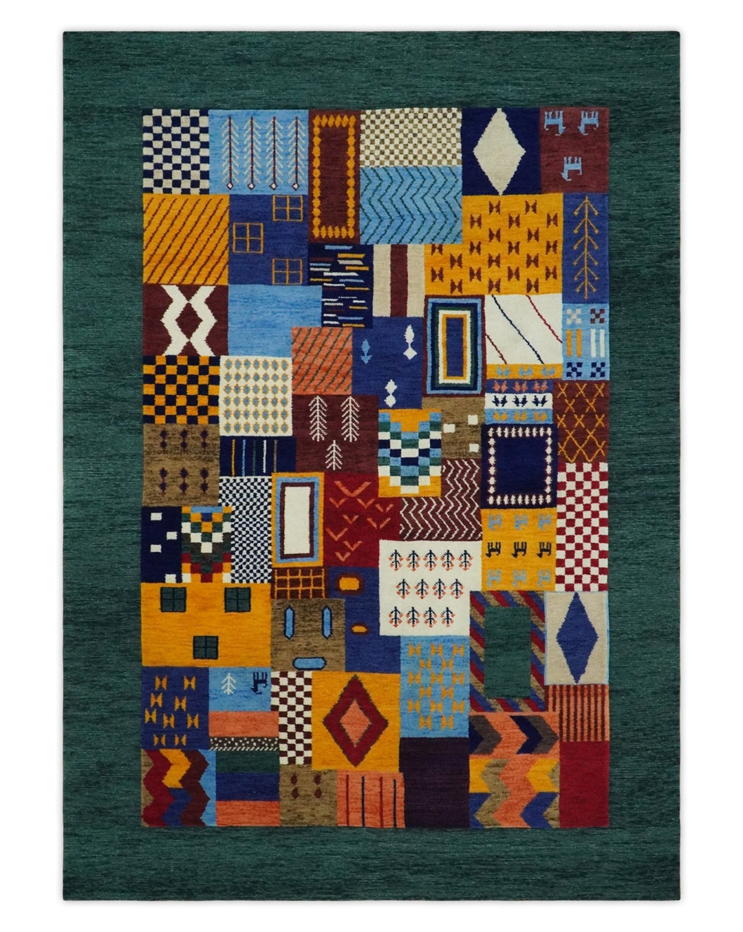 Soumak loop and cut 5x7 Multicolor Shapes Modern Artistic Wool Hand Woven Rug | KNT41 - The Rug Decor