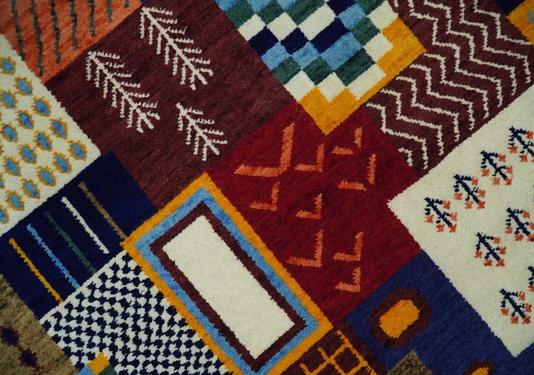 Soumak loop and cut 5x7 Multicolor Shapes Modern Artistic Wool Hand Woven Rug | KNT41 - The Rug Decor