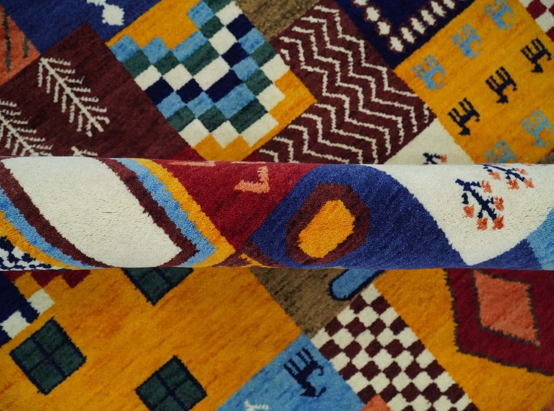 Soumak loop and cut 5x7 Multicolor Shapes Modern Artistic Wool Hand Woven Rug | KNT41 - The Rug Decor