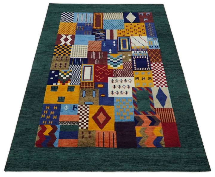 Soumak loop and cut 5x7 Multicolor Shapes Modern Artistic Wool Hand Woven Rug | KNT41 - The Rug Decor