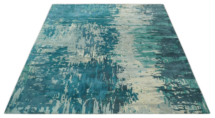 Square 9x9 Green, Silver and Beige Modern Abstract Handmade Wool and Art Silk Area Rug | BAN2 - The Rug Decor