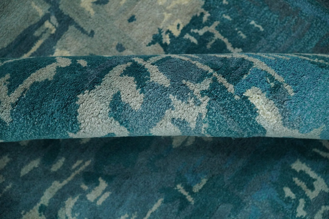 Square 9x9 Green, Silver and Beige Modern Abstract Handmade Wool and Art Silk Area Rug | BAN2 - The Rug Decor