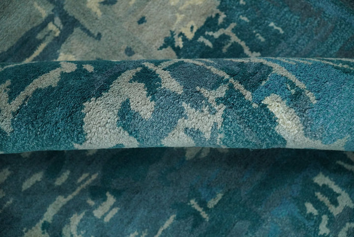 Square 9x9 Green, Silver and Beige Modern Abstract Handmade Wool and Art Silk Area Rug | BAN2 - The Rug Decor