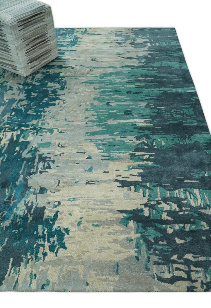 Square 9x9 Green, Silver and Beige Modern Abstract Handmade Wool and Art Silk Area Rug | BAN2 - The Rug Decor