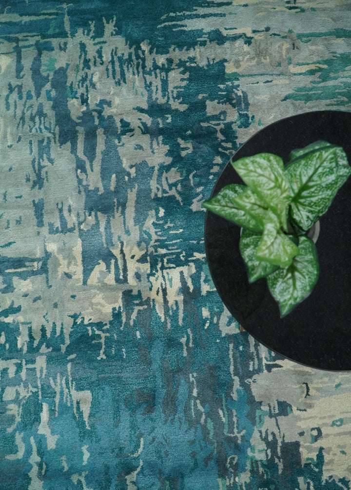 Square 9x9 Green, Silver and Beige Modern Abstract Handmade Wool and Art Silk Area Rug | BAN2 - The Rug Decor