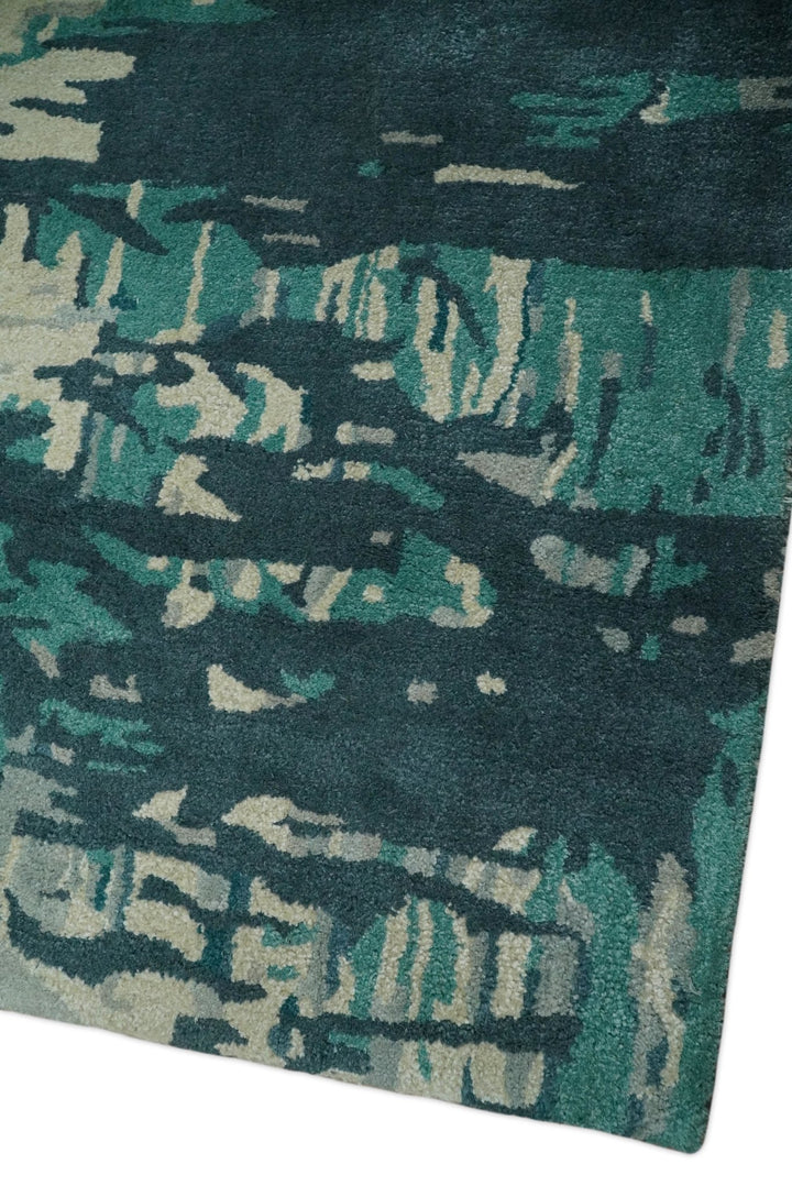 Square 9x9 Green, Silver and Beige Modern Abstract Handmade Wool and Art Silk Area Rug | BAN2 - The Rug Decor