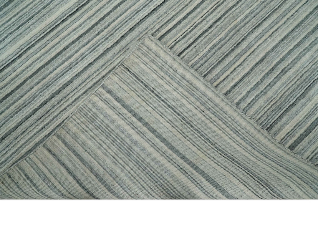 Striped Flatwoven 8x10 Ivory, Beige and Gray Scandinavian Hand Made Blended Wool Area Rug | KE15 - The Rug Decor