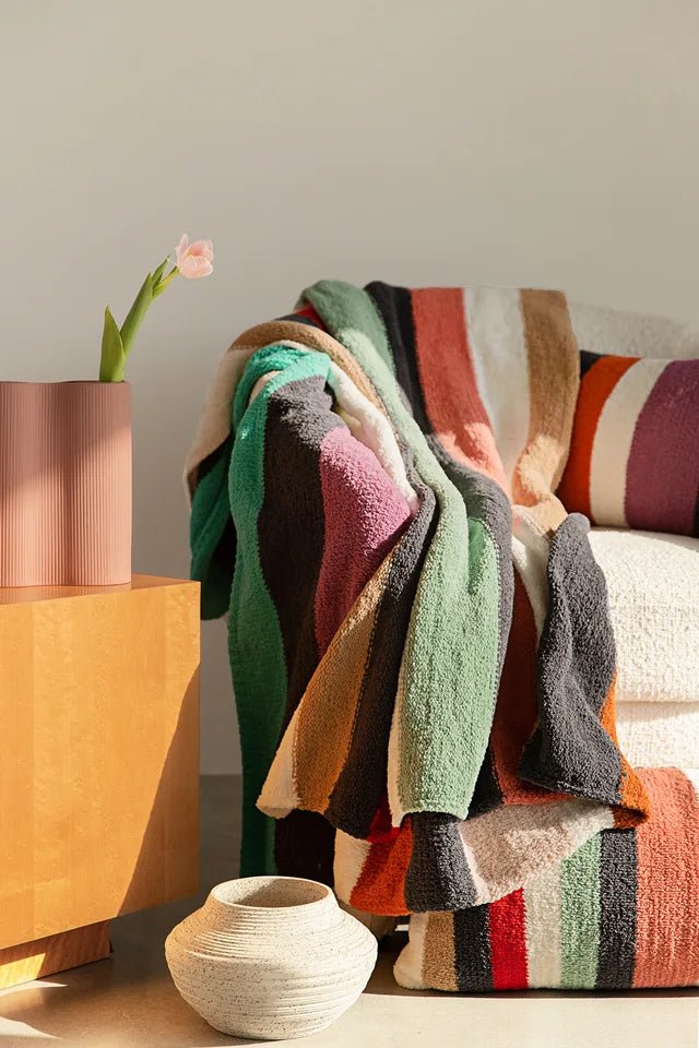 Tan And Colorful Striped Lightweight And Comfortable Throw - The Rug Decor