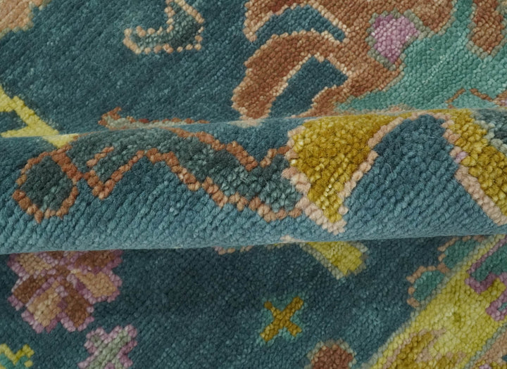 Teal, Peach and Mustard Hand Knotted Oriental Oushak 8x10 wool area Rug - The Rug Decor