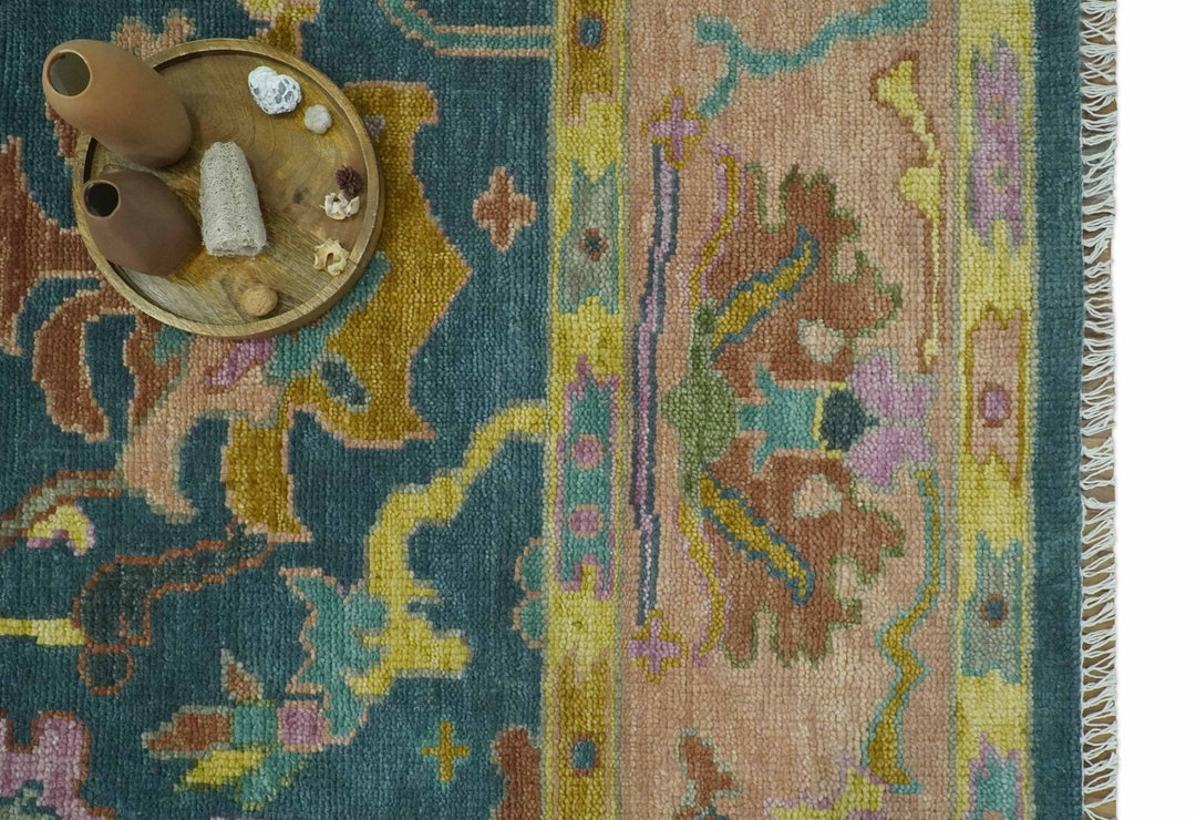 Teal, Peach and Mustard Hand Knotted Oriental Oushak 8x10 wool area Rug - The Rug Decor