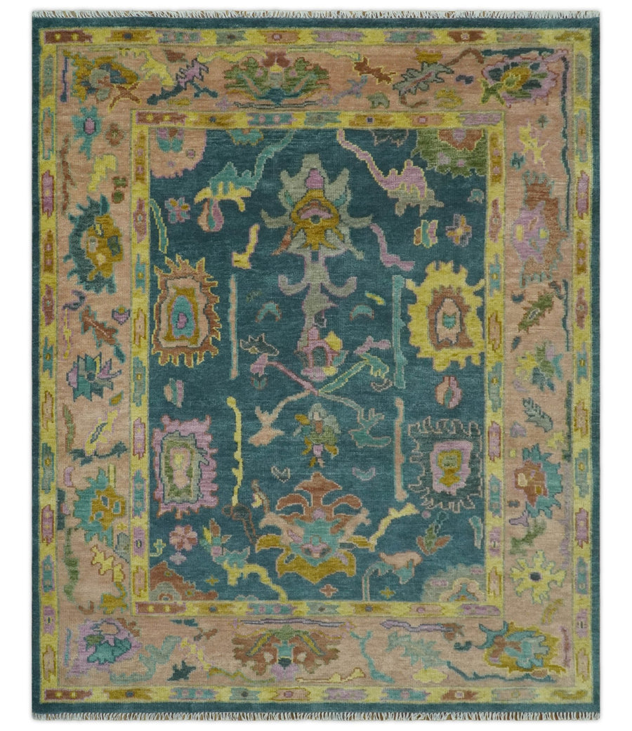 Teal, Peach and Mustard Hand Knotted Oriental Oushak 8x10 wool area Rug - The Rug Decor