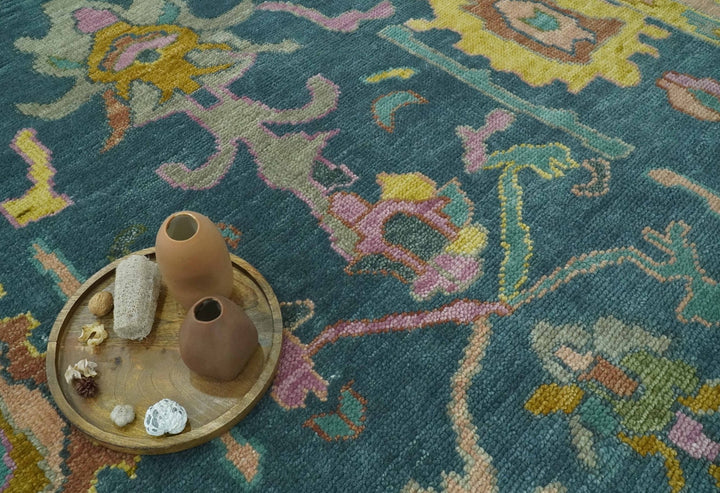 Teal, Peach and Mustard Hand Knotted Oriental Oushak 8x10 wool area Rug - The Rug Decor