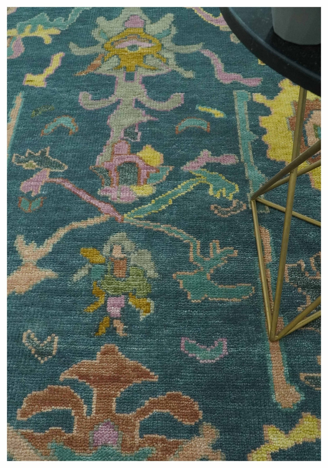 Teal, Peach and Mustard Hand Knotted Oriental Oushak 8x10 wool area Rug - The Rug Decor