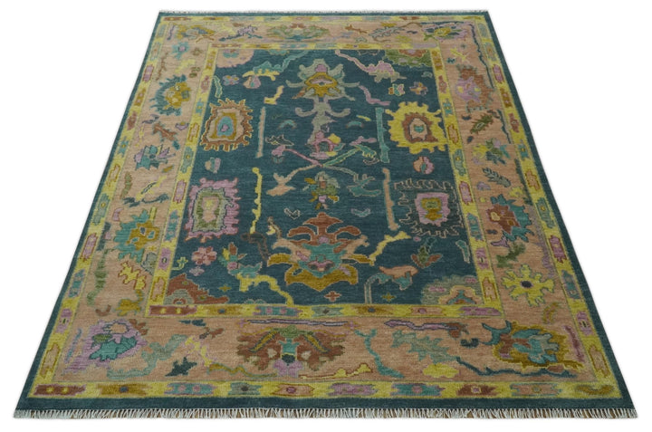 Teal, Peach and Mustard Hand Knotted Oriental Oushak 8x10 wool area Rug - The Rug Decor