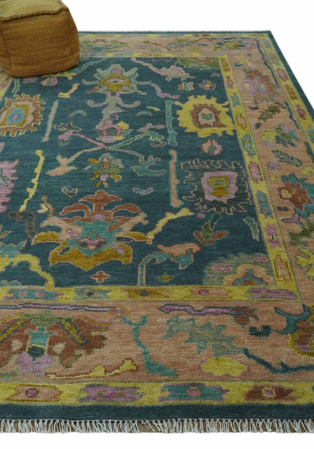 Teal, Peach and Mustard Hand Knotted Oriental Oushak 8x10 wool area Rug - The Rug Decor