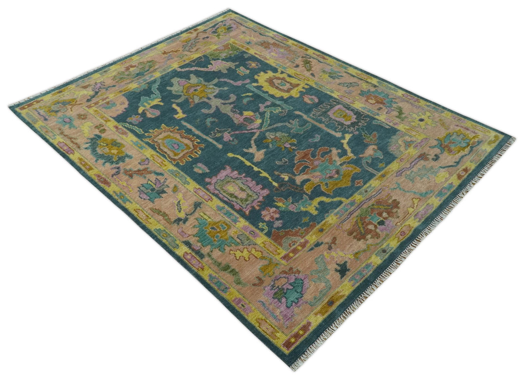 Teal, Peach and Mustard Hand Knotted Oriental Oushak 8x10 wool area Rug - The Rug Decor