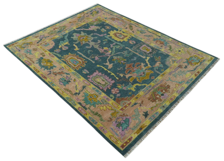 Teal, Peach and Mustard Hand Knotted Oriental Oushak 8x10 wool area Rug - The Rug Decor