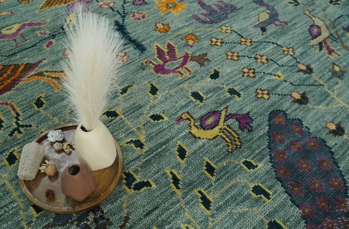 The Jungle Life Peacock Bird Rug Hand Knotted 8x10 Green Wool Rug - The Rug Decor