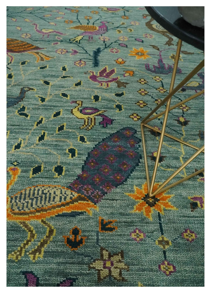 The Jungle Life Peacock Bird Rug Hand Knotted 8x10 Green Wool Rug - The Rug Decor