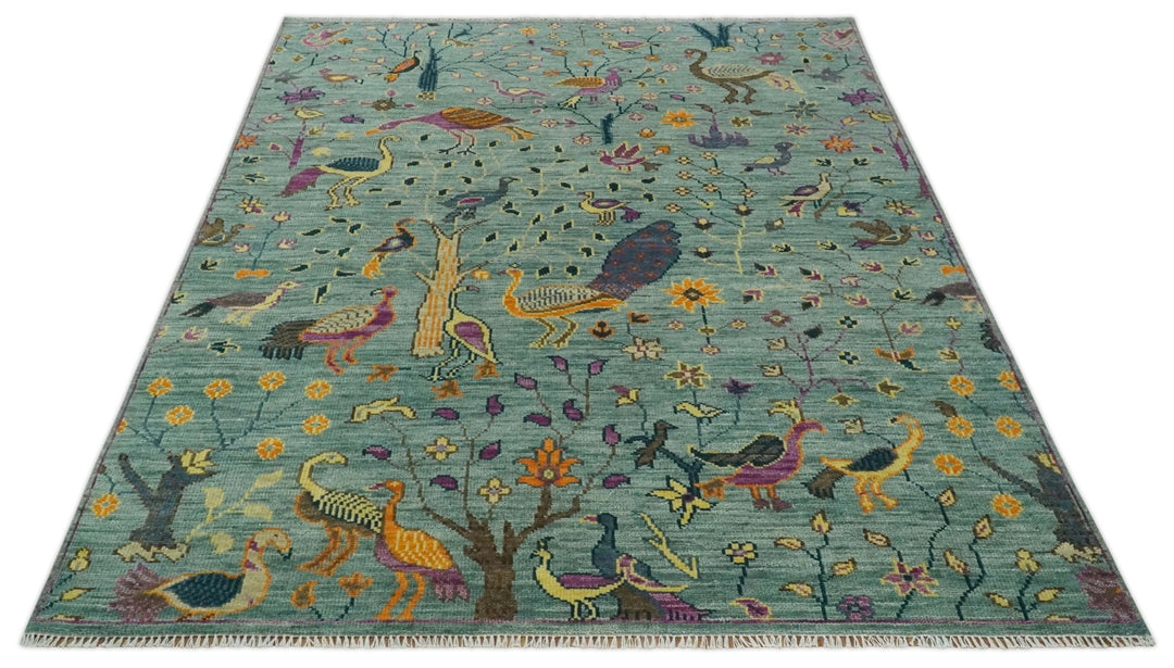 The Jungle Life Peacock Bird Rug Hand Knotted 8x10 Green Wool Rug - The Rug Decor