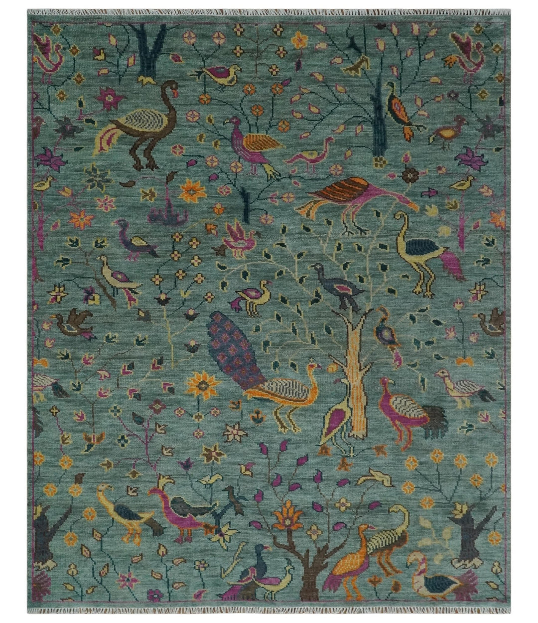 The Jungle Life Peacock on tree Rug Hand Knotted Multi Size Green Wool Rug - The Rug Decor