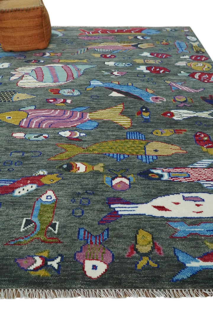 The Sea Life Fish Rug 9x12, 10x14 and 12x15 Hand Knotted Gray Wool Rug | TRDCP1333 - The Rug Decor
