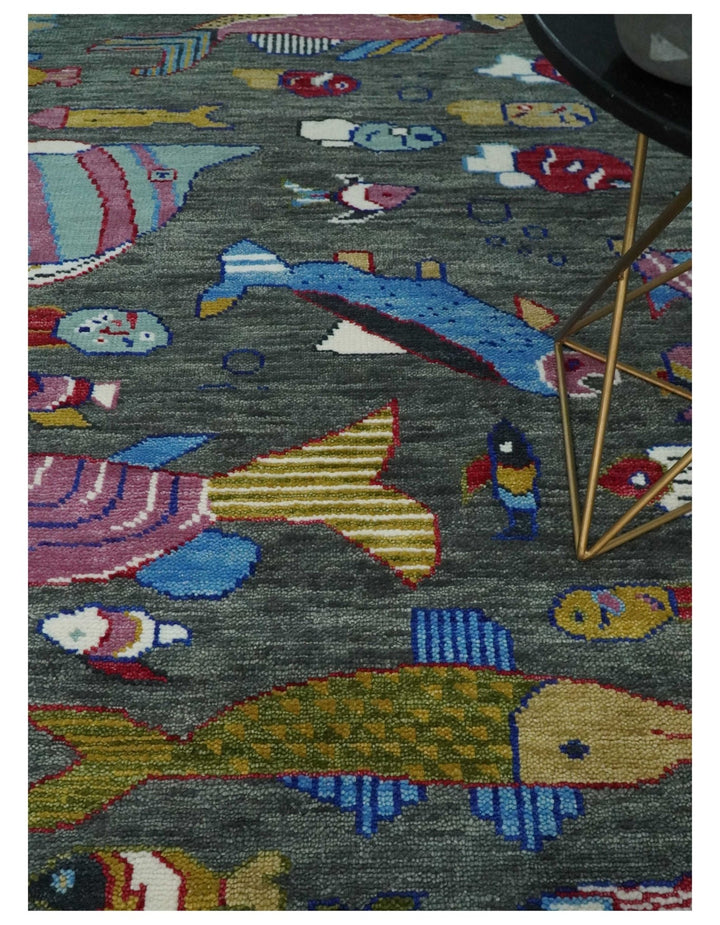 The Sea Life Fish Rug 9x12, 10x14 and 12x15 Hand Knotted Gray Wool Rug | TRDCP1333 - The Rug Decor