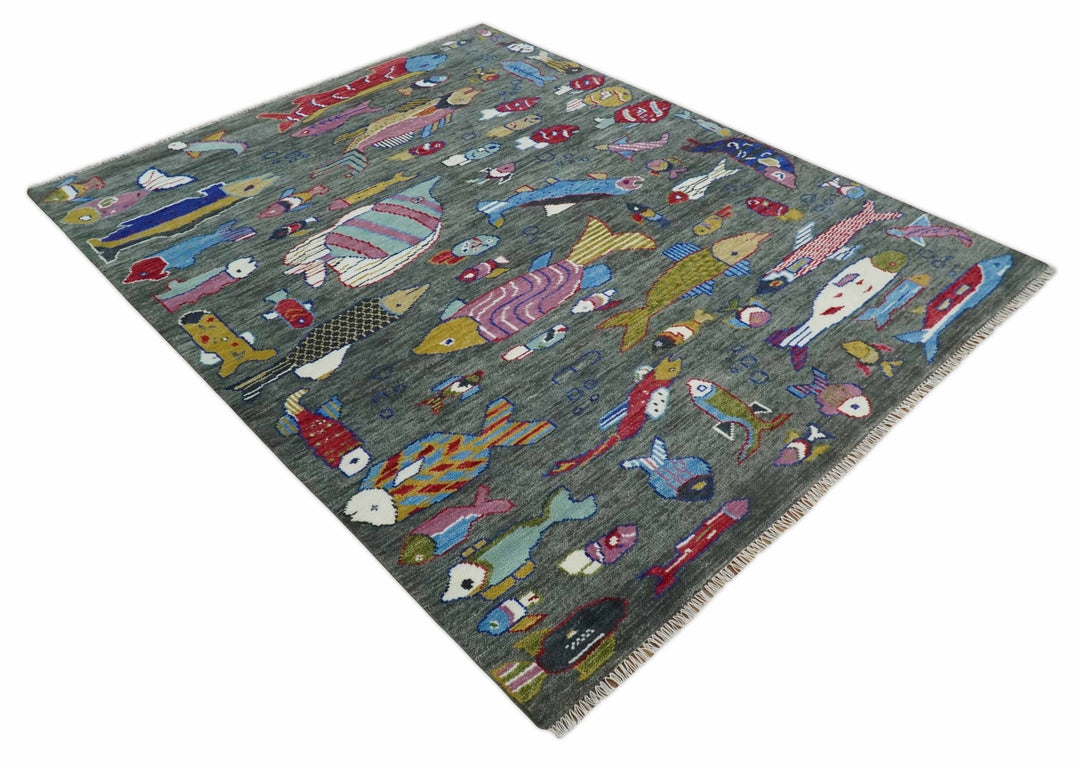 The Sea Life Fish Rug 9x12, 10x14 and 12x15 Hand Knotted Gray Wool Rug | TRDCP1333 - The Rug Decor