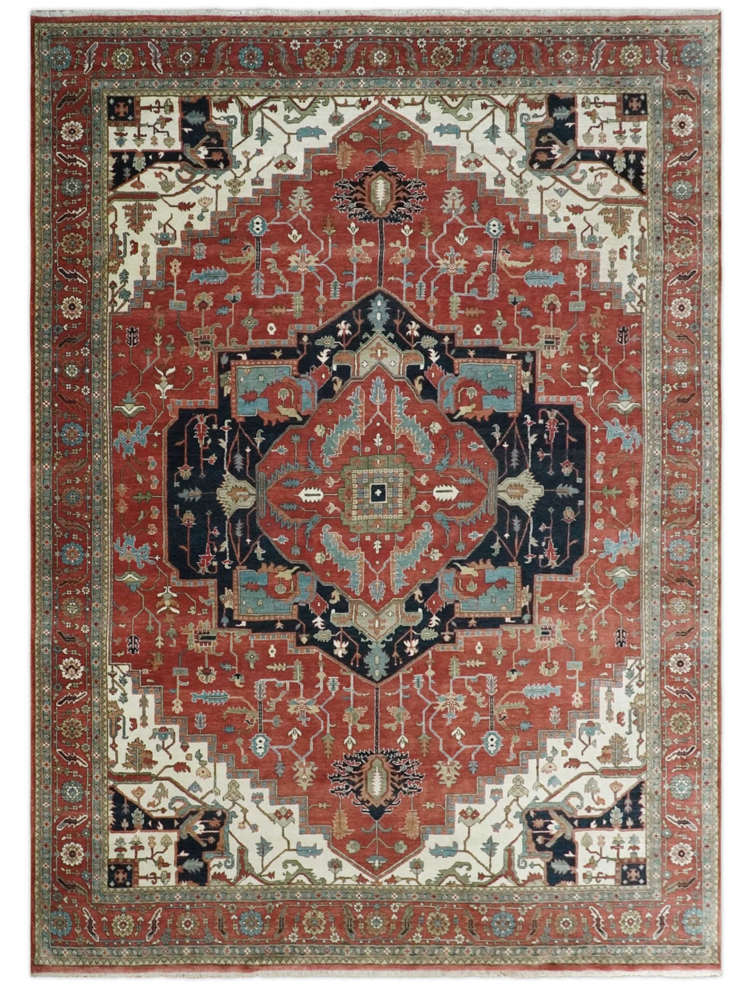 Traditional 9.11x13.8 Hand knotted Premium Fine Brown, Black and Ivory wool Area Rug - The Rug Decor