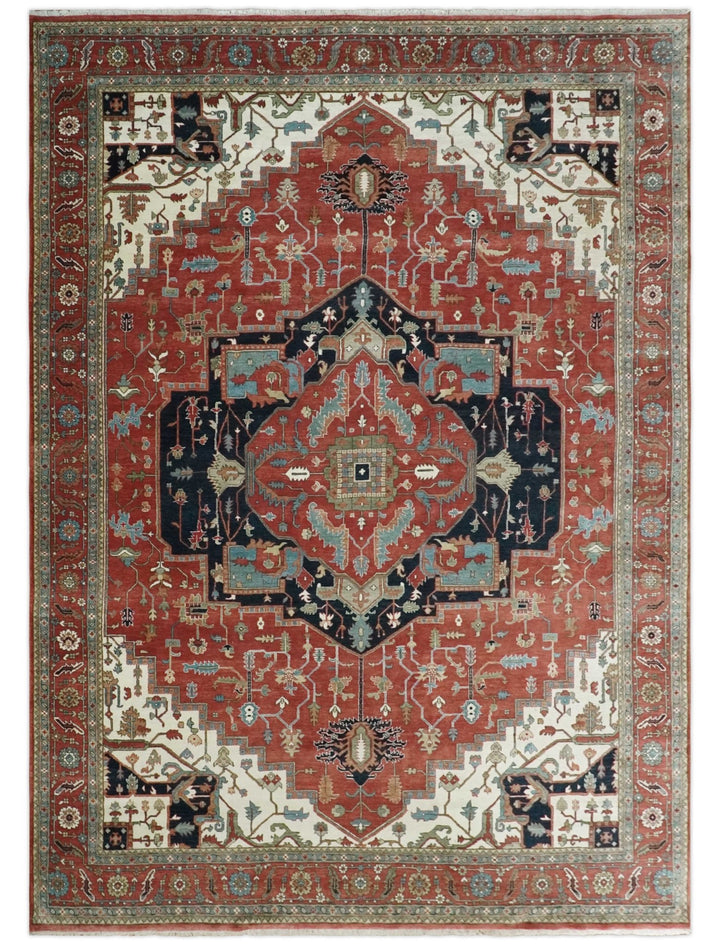 Traditional 9.11x13.8 Hand knotted Premium Fine Brown, Black and Ivory wool Area Rug - The Rug Decor