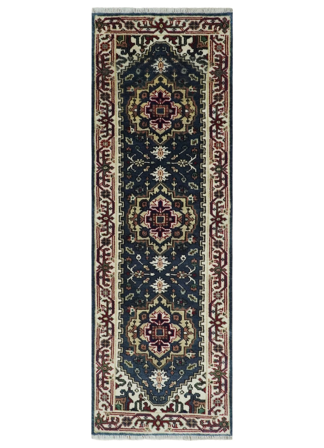 Traditional Blue, Beige and Ivory Heriz Serapi Hand knotted 2.7x7.9 wool Area Rug - The Rug Decor