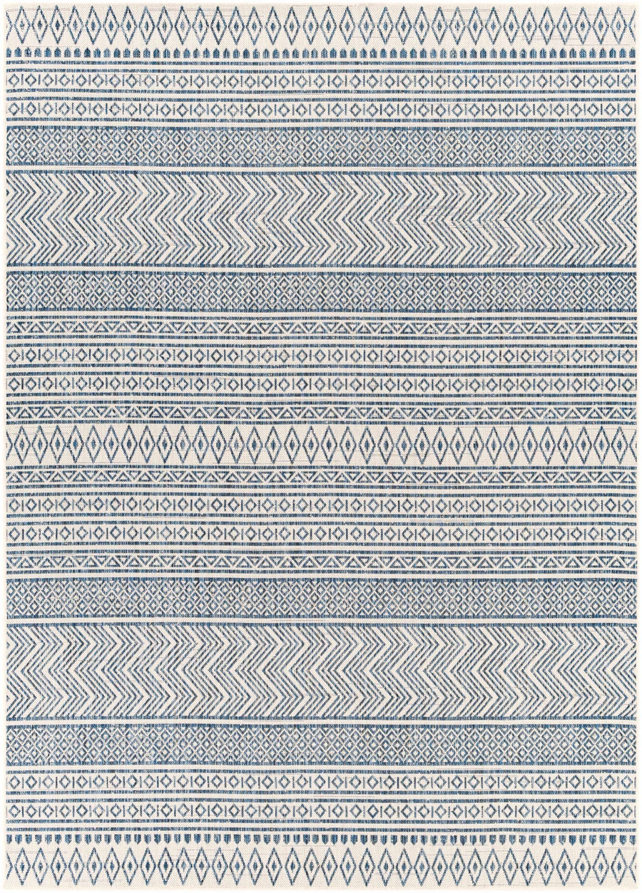 Traditional Contemporary Ivory and Blue Tribal Design Outdoor Area Rug - The Rug Decor