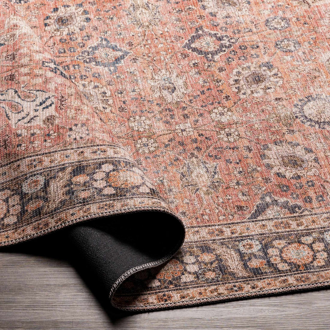 Traditional Design Floral Rust And Charcoal Washable Area Rug - The Rug Decor