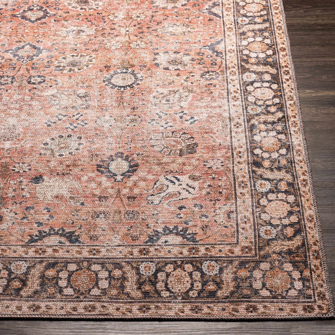 Traditional Design Floral Rust And Charcoal Washable Area Rug - The Rug Decor
