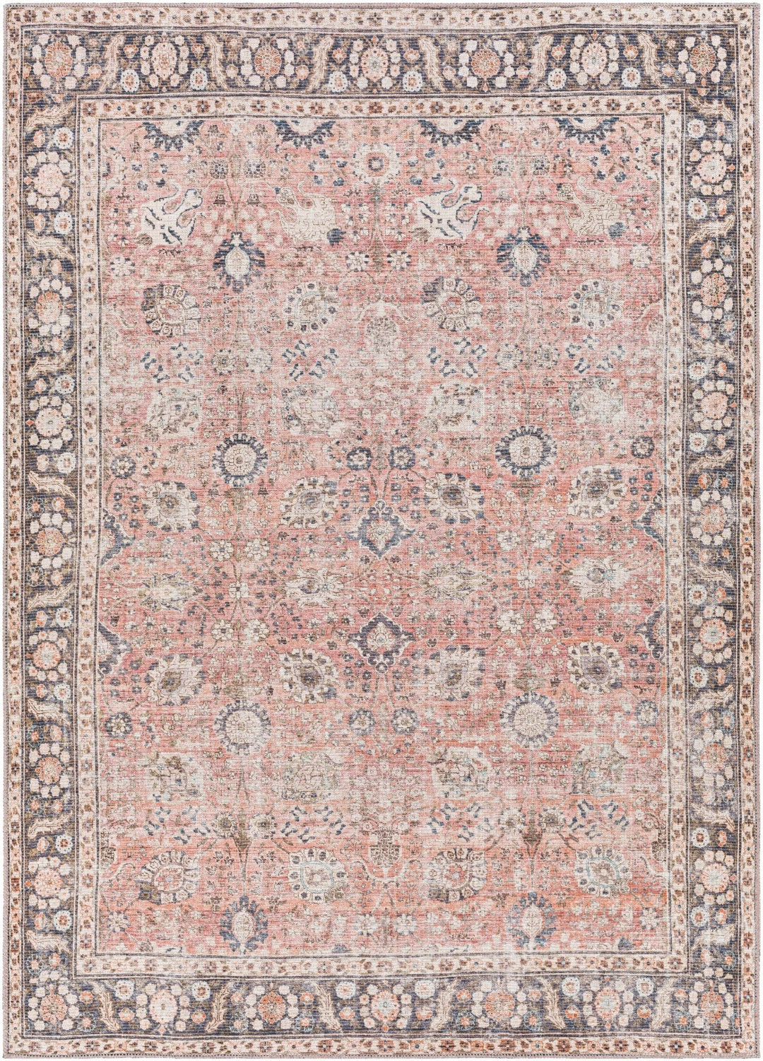 Traditional Design Floral Rust And Charcoal Washable Area Rug - The Rug Decor