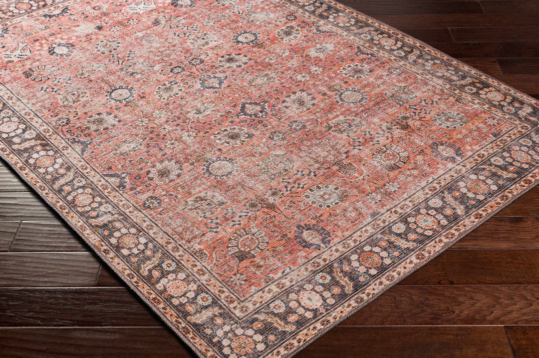 Traditional Design Floral Rust And Charcoal Washable Area Rug - The Rug Decor