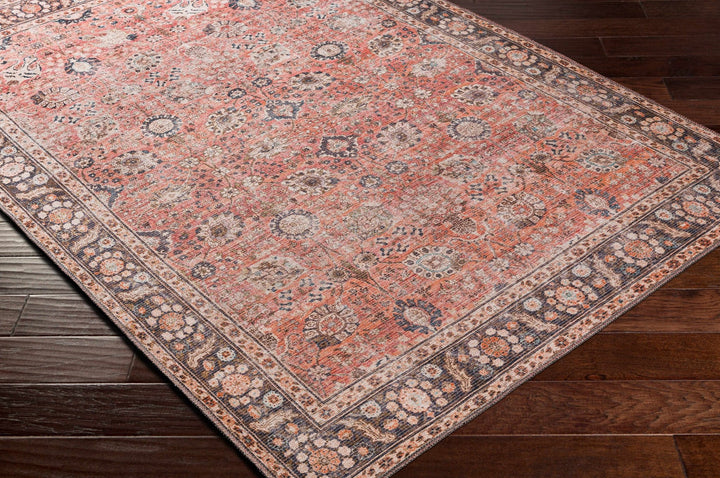 Traditional Design Floral Rust And Charcoal Washable Area Rug - The Rug Decor