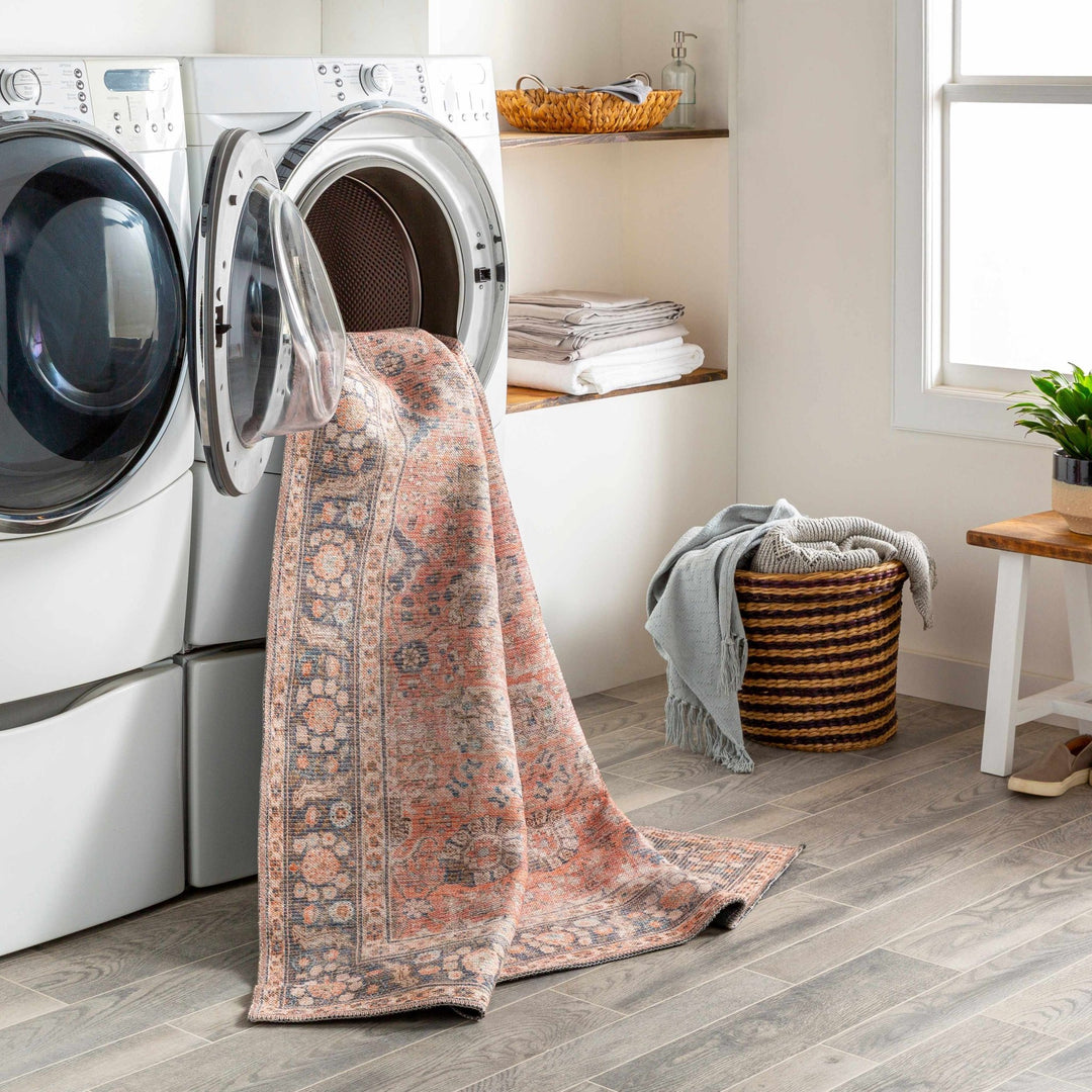 Traditional Design Floral Rust And Charcoal Washable Area Rug - The Rug Decor