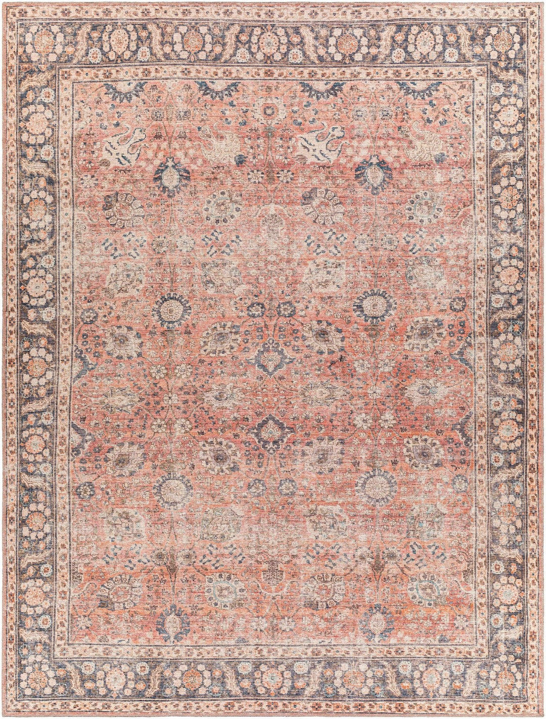 Traditional Design Floral Rust And Charcoal Washable Area Rug - The Rug Decor