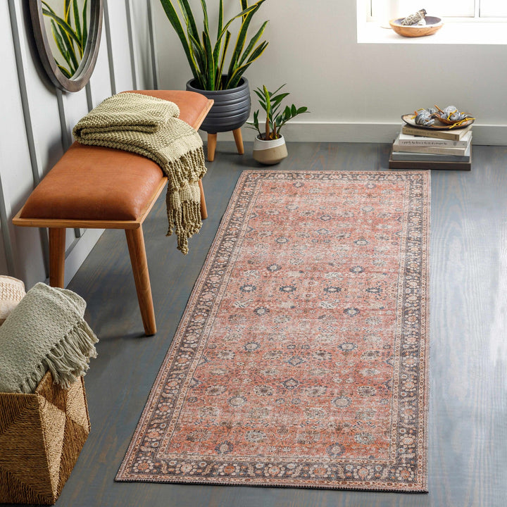 Traditional Design Floral Rust And Charcoal Washable Area Rug - The Rug Decor