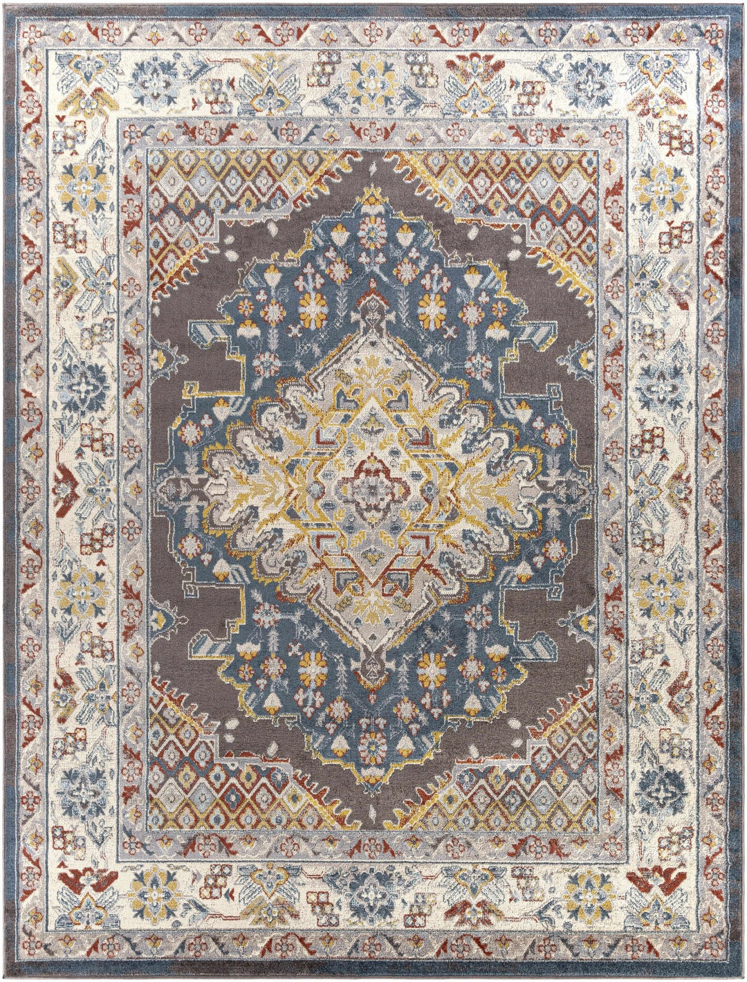 Traditional Design Heriz Serapi Cream, Charcoal, Blue, Gray, Mustard, red area rug - The Rug Decor
