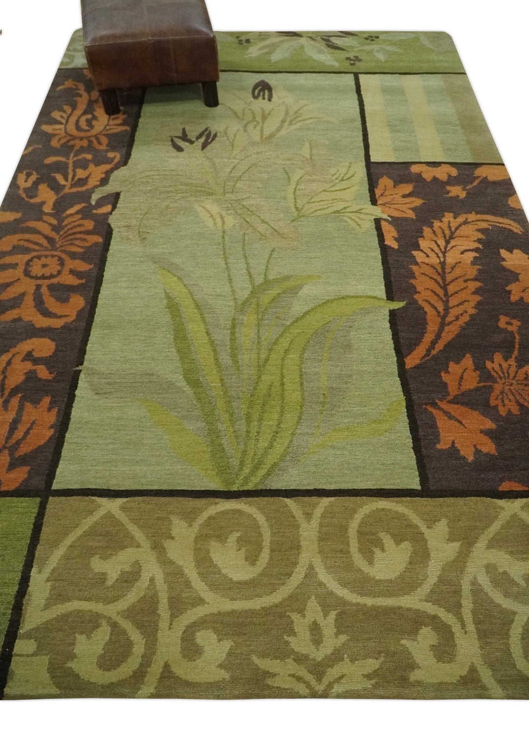 Traditional Floral Block Design Green, Brown and Rust Hand knotted 5x8 Indoor wool Area Rug - The Rug Decor