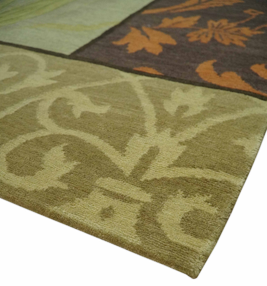 Traditional Floral Block Design Green, Brown and Rust Hand knotted 5x8 Indoor wool Area Rug - The Rug Decor