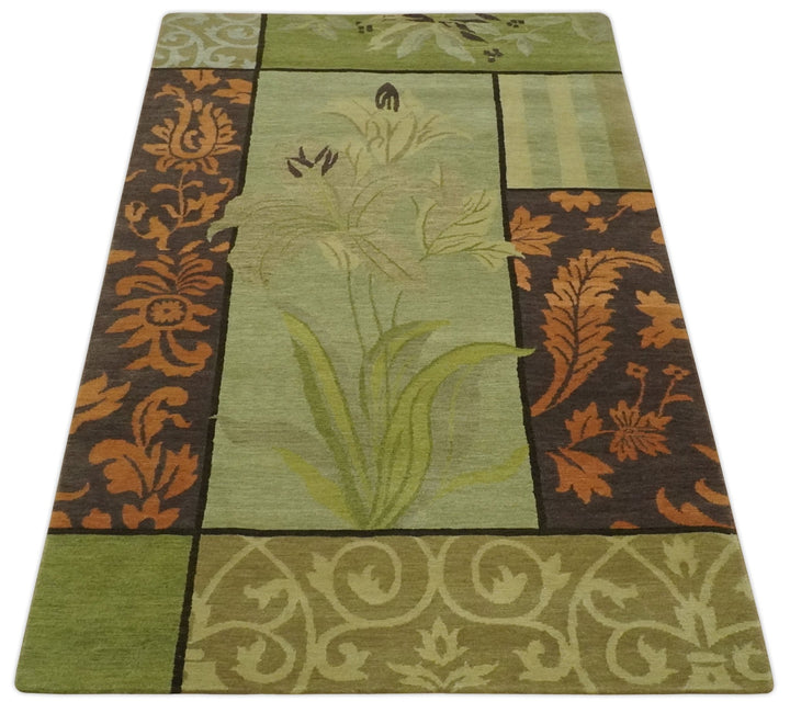Traditional Floral Block Design Green, Brown and Rust Hand knotted 5x8 Indoor wool Area Rug - The Rug Decor