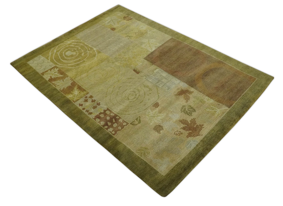 Traditional Floral Block Design Olive, Green and Brown Hand knotted 6x8 wool Area Rug - The Rug Decor
