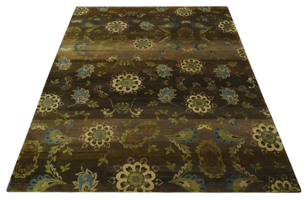 Traditional Floral Green, Beige, Brown and Teal Fine Hand knotted wool Area Rug - The Rug Decor