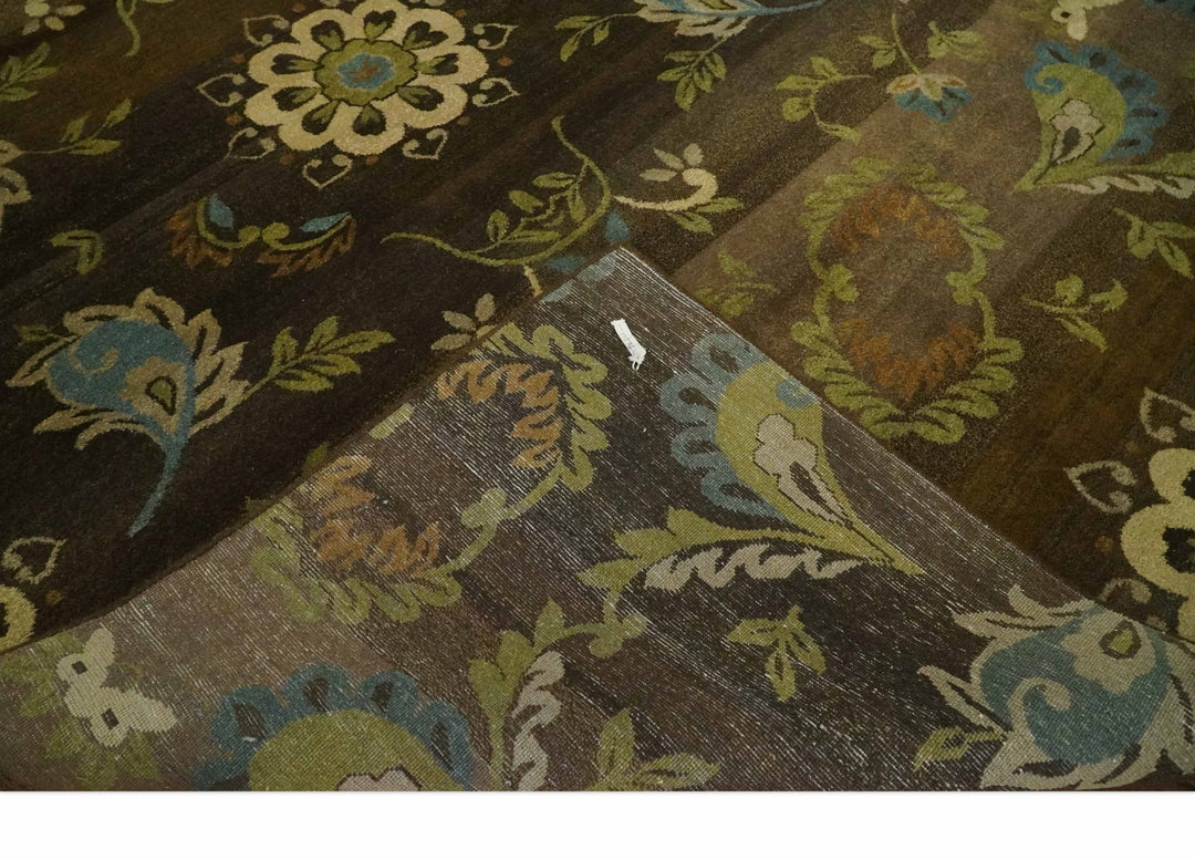 Traditional Floral Green, Beige, Brown and Teal Fine Hand knotted wool Area Rug - The Rug Decor